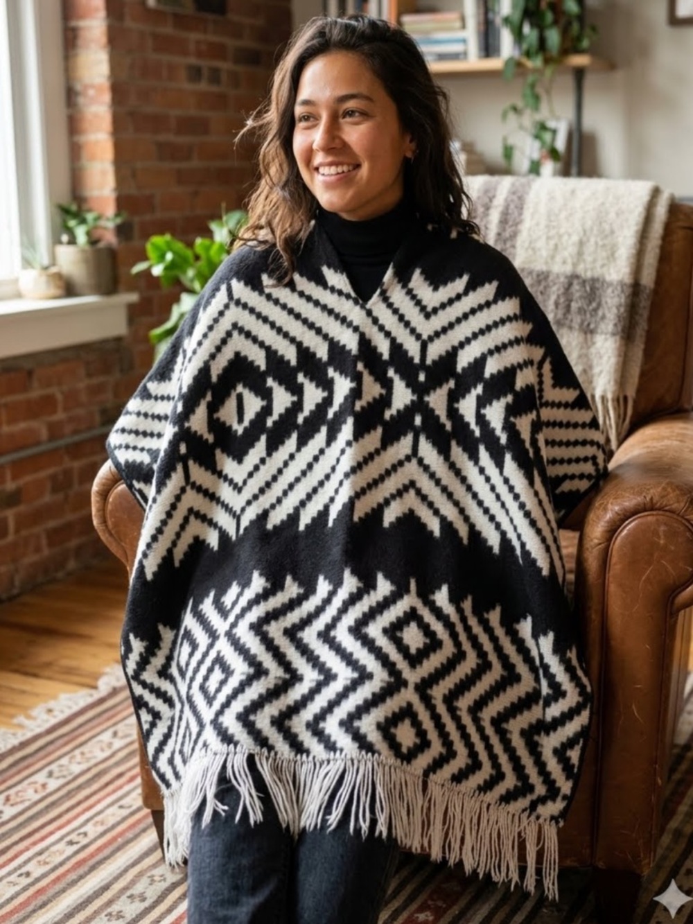 Black & White Geometric Fringe Poncho Sweater - Women